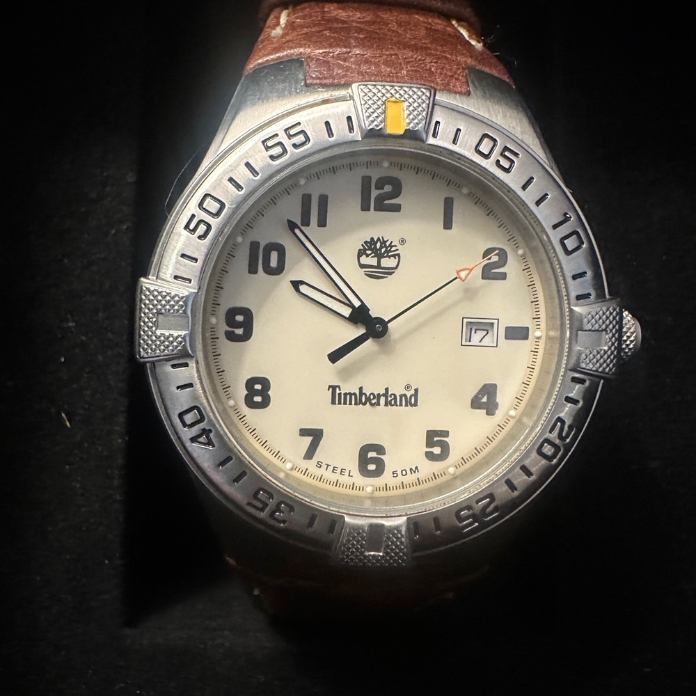 Vintage Timberland watch  #70009G Cream dial/brown leather band. 38mm.